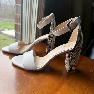 Nine West White Ankle-Strap Sandals with Snake-Print Block Heel